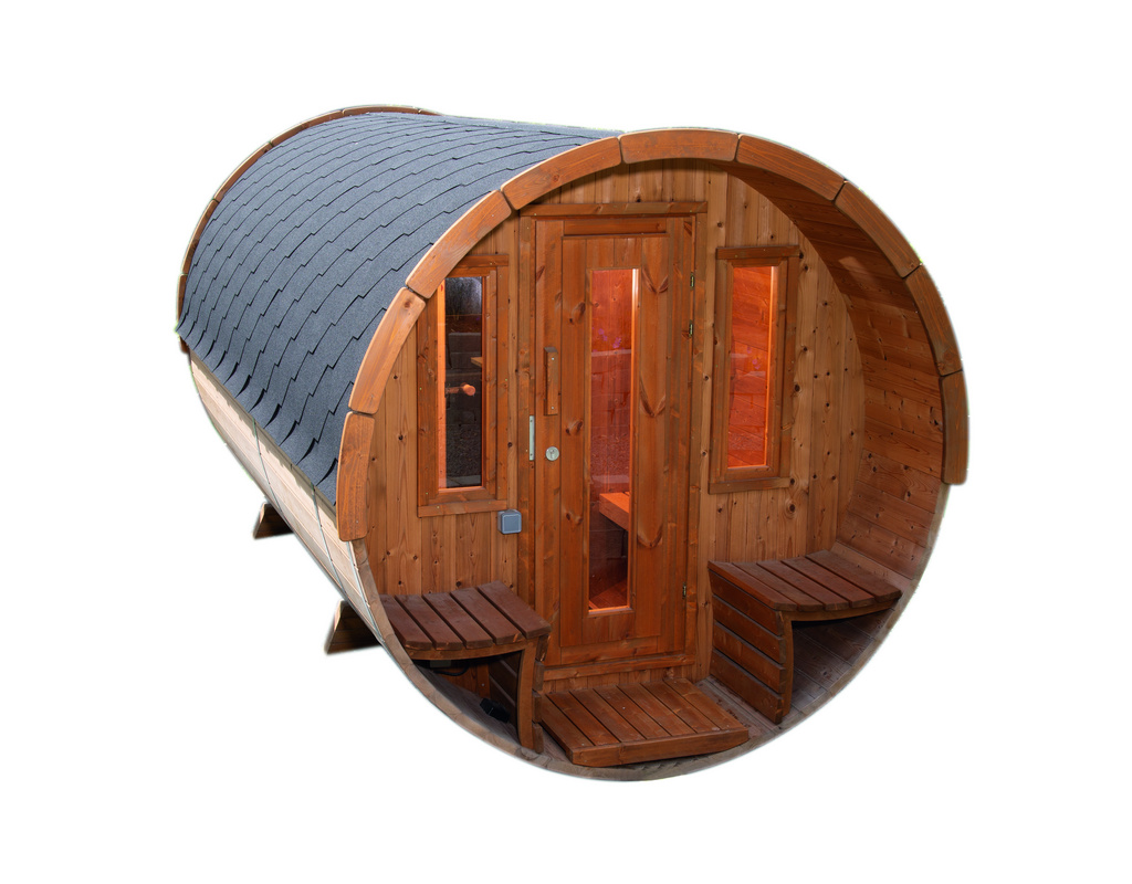 Saunafass 400 de luxe montiert mit schwarzen Dachschindeln, Thermoholz Ø