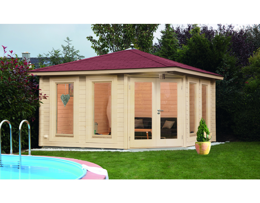 Gartenhaus Katrin 44-C isolierverglast mit roten Rechteck-Dachschindeln und