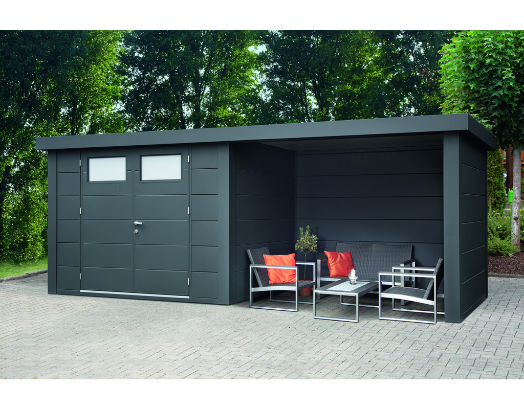 Metallhaus Eleganto 3024 mit Lounge Rechts Granitgrau 582x238cm