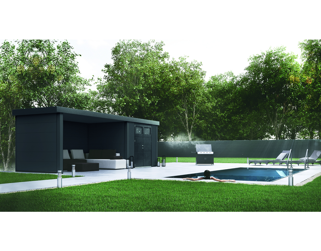 Metallhaus Eleganto 3024 mit Lounge Links Granitgrau 582x238cm