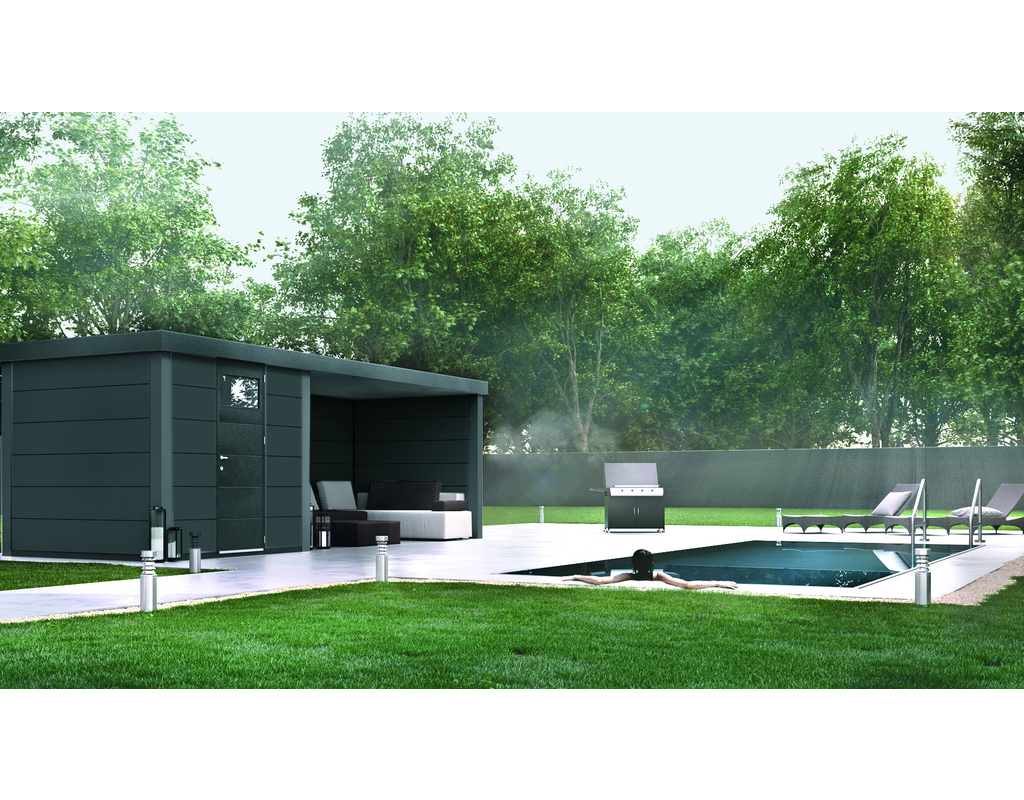 Metallhaus Eleganto 2424 mit Lounge Rechts Granitgrau 522x238cm