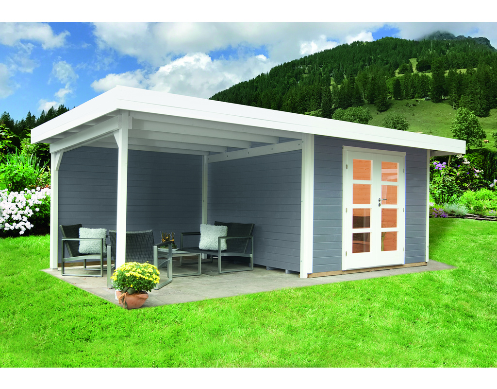 Gartenhaus Relax Lounge C mit Seitendach und Rückwand 300 hellgrau 590x300cm