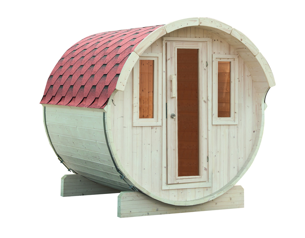 Saunafass Basic 230 montiert mit roten Dachschindeln Ø 205x230cm