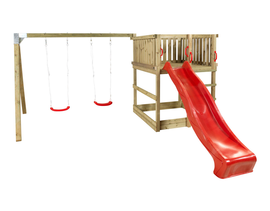 Play Spielturm mit Doppelschaukel und roter Rutsche