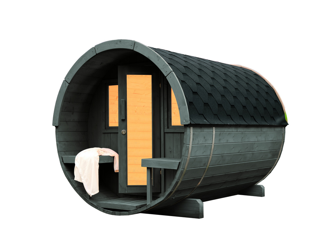 Saunafass Basic 280 montiert mit schwarzen Dachschindeln, mit