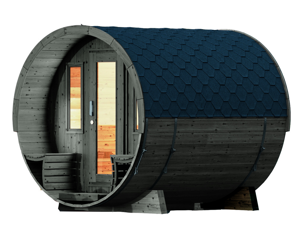 Saunafass 280 de luxe montiert mit schwarzen Dachschindeln, mit