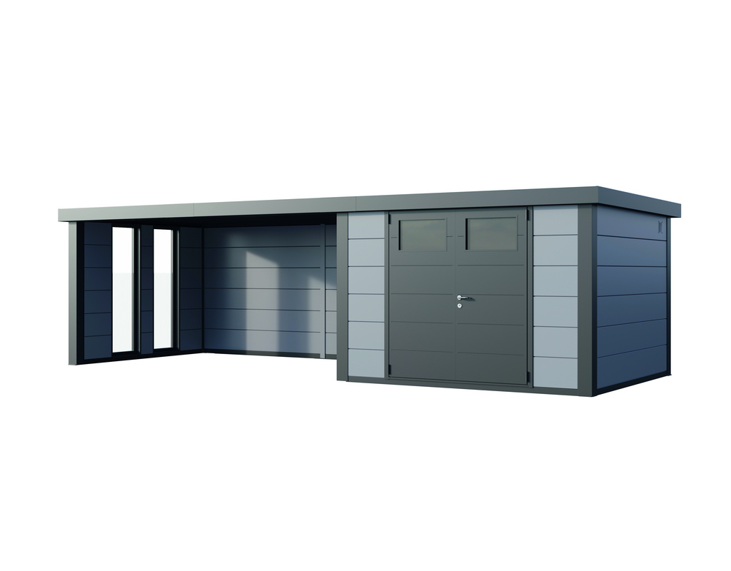 Metall-Gartenhaus Eleganto 3330 mit Lounge 4530 links und zwei Fenstern