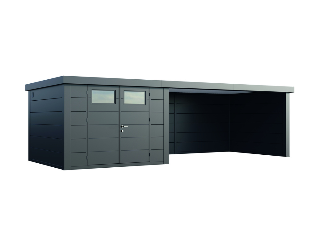 Metall-Gartenhaus Eleganto 3330 mit Lounge 4530 rechts Granitgrau 790x298cm