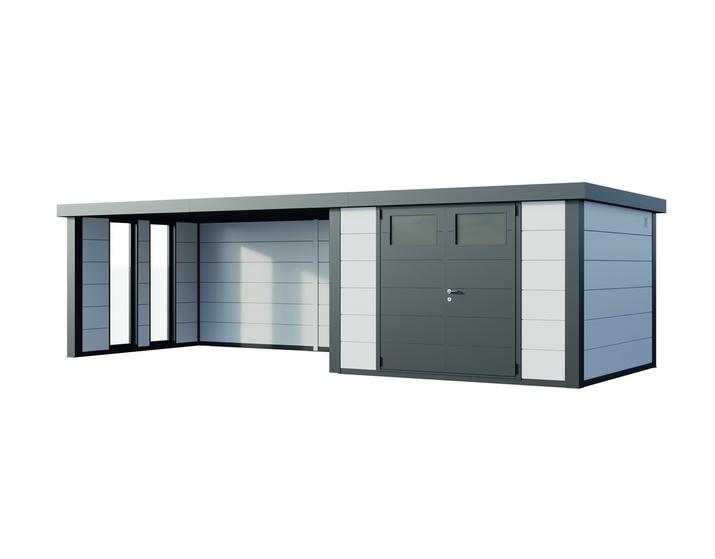 Metall-Gartenhaus Eleganto 3030 mit Lounge 4530 links und zwei Fenstern Weiß