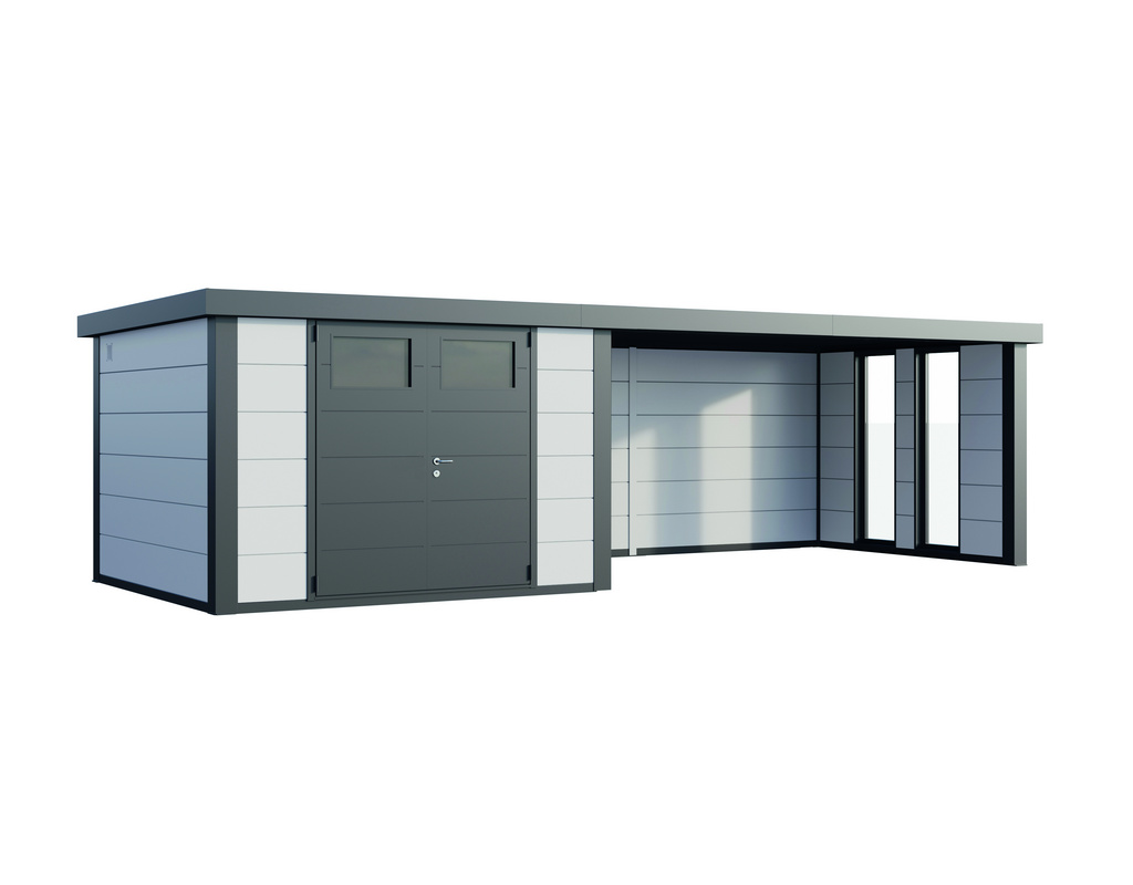 Metall-Gartenhaus Eleganto 3030 mit Lounge 4530 rechts und zwei Fenstern