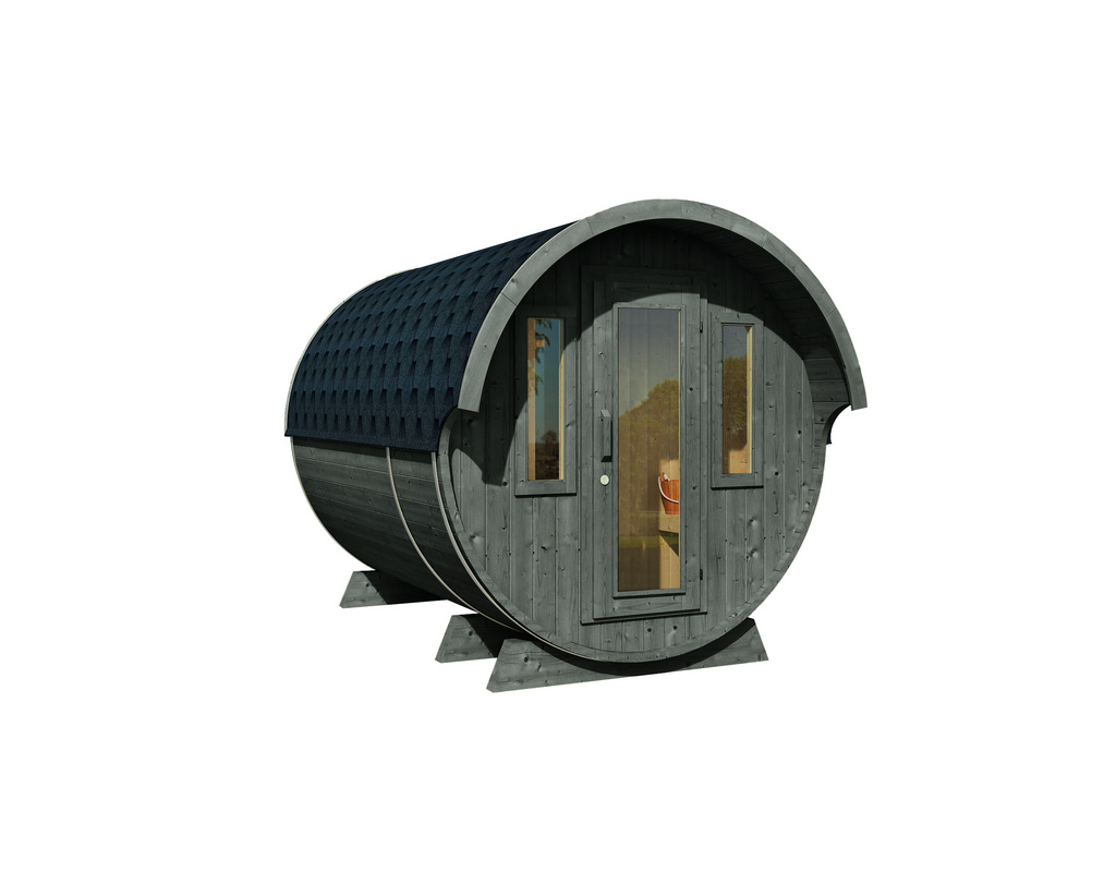 Saunafass 330 de luxe montiert mit schwarzen Dachschindeln, mit
