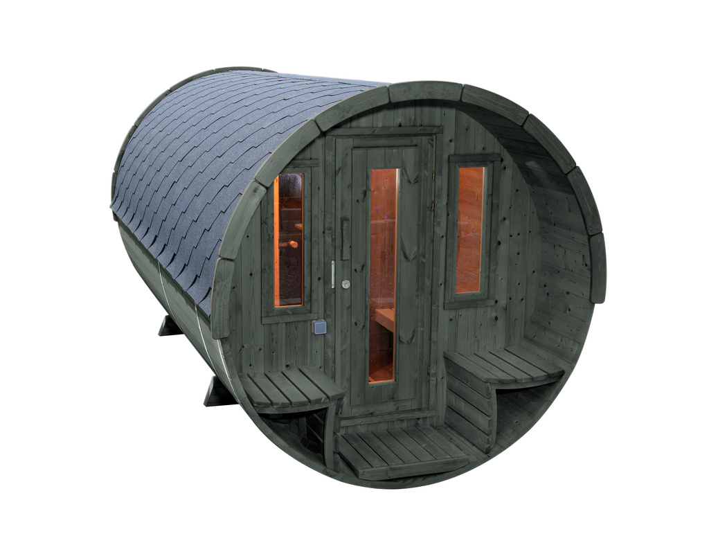 Saunafass 400 de luxe montiert mit schwarzen Dachschindeln, mit