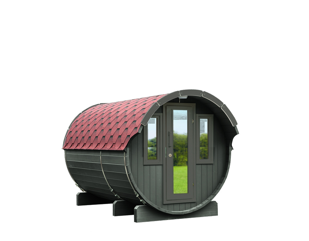 Saunafass Basic 330 montiert mit schwarzen Dachschindeln, mit