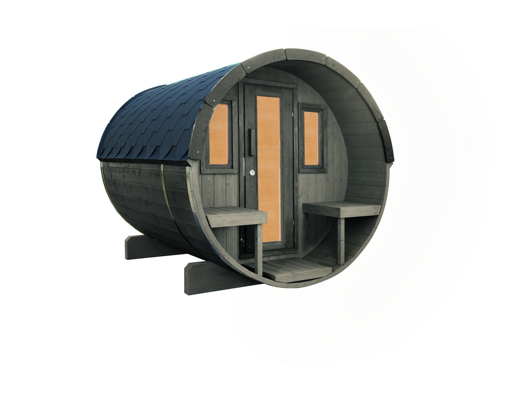 Saunafass Basic 250 montiert mit schwarzen Dachschindeln, mit
