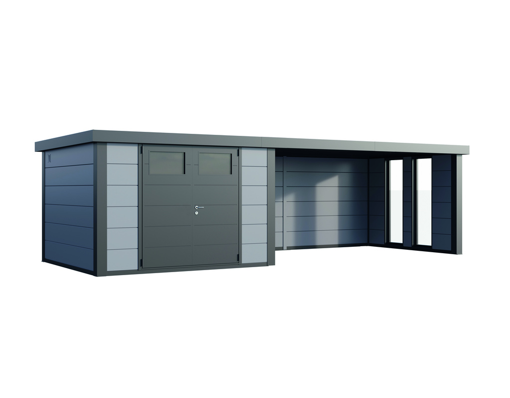Metall-Gartenhaus Eleganto 3330 mit Lounge 4530 rechts und zwei Fenstern