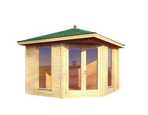 Gartenhaus Katrin 44-A mit grünen Rechteck-Dachschindeln und schwarzer Gartenhaus Katrin 44-A mit grünen Rechteck-Dachschindeln und schwarzer