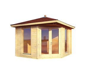 Gartenhaus Katrin 44-A mit roten Rechteck-Dachschindeln und schwarzer Gartenhaus Katrin 44-A mit roten Rechteck-Dachschindeln und schwarzer