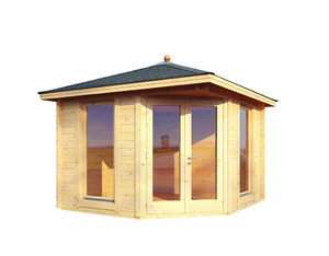 Gartenhaus Katrin 44-A mit schwarzen Rechteck-Dachschindeln und schwarzer Gartenhaus Katrin 44-A mit schwarzen Rechteck-Dachschindeln und schwarzer