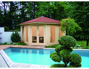 Gartenhaus Katrin 44-B mit roten Rechteck-Dachschindeln und schwarzer Gartenhaus Katrin 44-B mit roten Rechteck-Dachschindeln und schwarzer