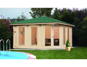 Gartenhaus Katrin 44-C mit grünen Rechteck-Dachschindeln und schwarzer Gartenhaus Katrin 44-C mit grünen Rechteck-Dachschindeln und schwarzer