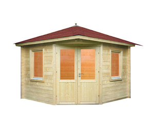 Gartenhaus Maria 44-A mit roten Rechteck-Dachschindeln und schwarzer Gartenhaus Maria 44-A mit roten Rechteck-Dachschindeln und schwarzer