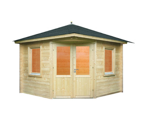 Gartenhaus Maria 44-A mit schwarzen Rechteck-Dachschindeln und schwarzer Gartenhaus Maria 44-A mit schwarzen Rechteck-Dachschindeln und schwarzer