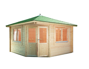 Gartenhaus Maria 44-B mit grünen Rechteck-Dachschindeln und schwarzer Gartenhaus Maria 44-B mit grünen Rechteck-Dachschindeln und schwarzer