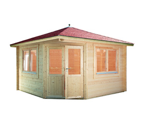 Gartenhaus Maria 44-B mit roten Rechteck-Dachschindeln und schwarzer Gartenhaus Maria 44-B mit roten Rechteck-Dachschindeln und schwarzer
