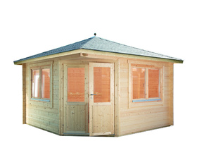Gartenhaus Maria 44-B mit schwarzen Rechteck-Dachschindeln und schwarzer Gartenhaus Maria 44-B mit schwarzen Rechteck-Dachschindeln und schwarzer