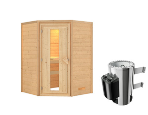 Massivholzsauna Alicja Eckeinstieg (Holztür bronziert finnischer Ofen) Massivholzsauna Alicja Eckeinstieg (Holztür bronziert finnischer Ofen)