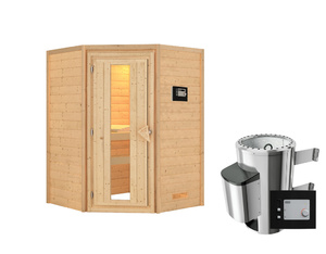 Massivholzsauna Alicja Eckeinstieg (Holztür bronziert finnischer Ofen) Massivholzsauna Alicja Eckeinstieg (Holztür bronziert finnischer Ofen)