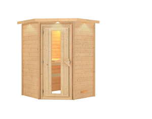 Massivholzsauna Alicja Eckeinstieg (Holztür bronziert m. Kranz kein Ofen) Massivholzsauna Alicja Eckeinstieg (Holztür bronziert m. Kranz kein Ofen)