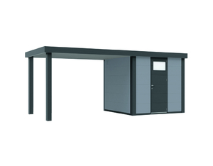 Metallhaus Eleganto 2424 Lichtgrau mit Seitendach 280 links Metallhaus Eleganto 2424 Lichtgrau mit Seitendach 280 links