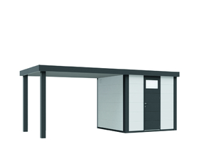 Metallhaus Eleganto 2424 Weiß mit Seitendach 280 links Metallhaus Eleganto 2424 Weiß mit Seitendach 280 links